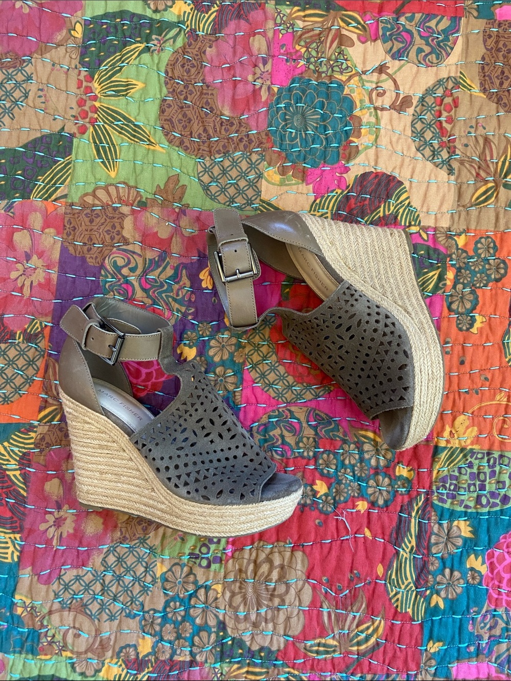 Marc Fisher Olive Green Laser-Cut Espadrille Wedges